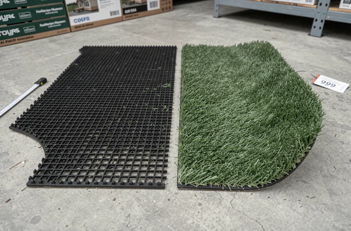 Comparaison côte à côte de dalles de gazon synthétique et de pelouse artificielle en rouleau sur sol en béton avec mètre ruban