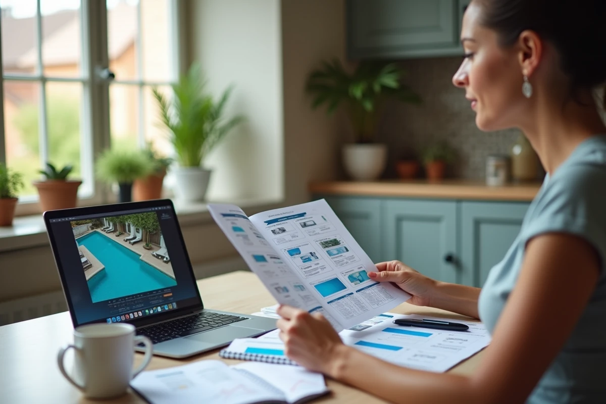 Femme comparant des devis et brochures pour optimiser le budget d'installation d'une piscine coque