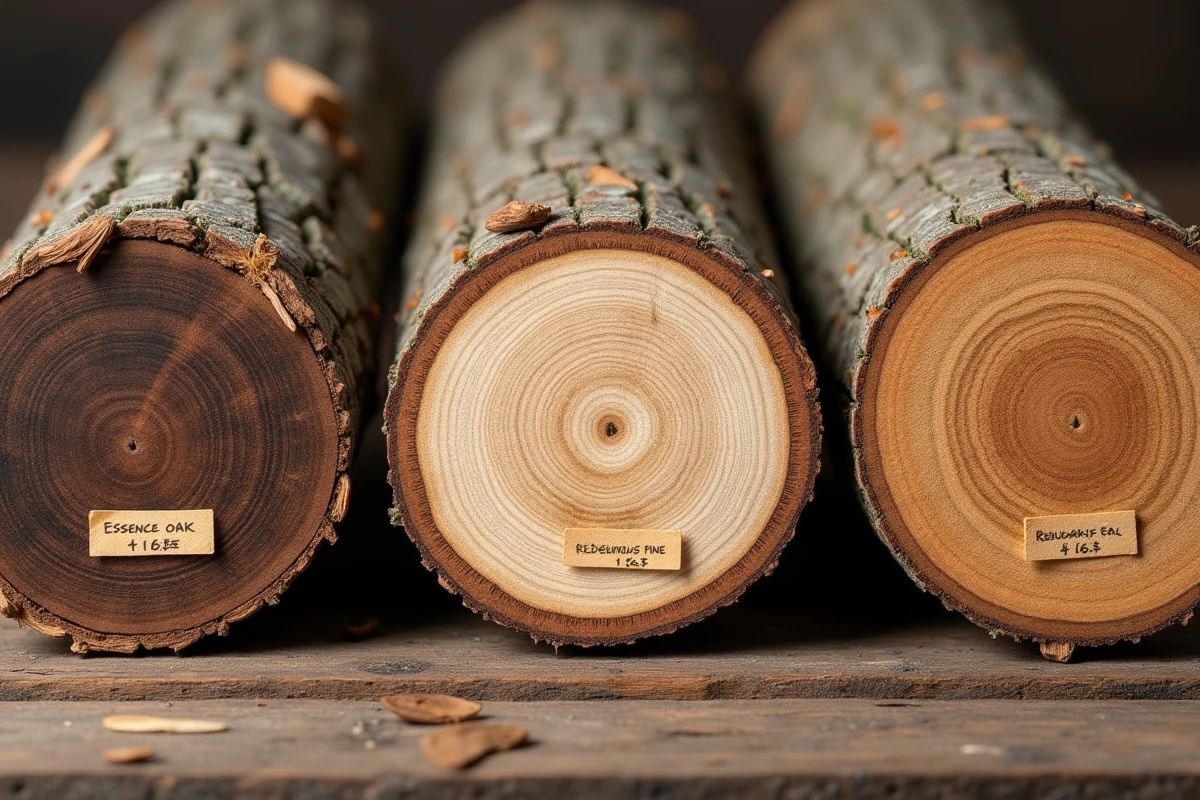 Comparaison de sections de bûches de chêne, bouleau et pin coupées transversalement, montrant les différences de densité et de poids au stère selon les essences de bois