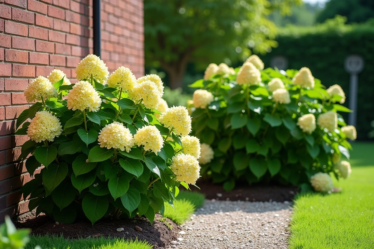 Comparaison entre deux hortensias dans un jardin, l'un jauni près d'un mur de briques et l'autre sain en pleine terre