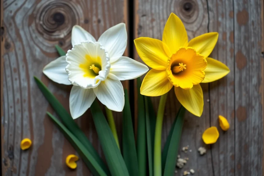 Comparaison côte à côte d'un narcisse blanc et d'une jonquille jaune posés sur une table en bois de jardin, montrant les différences morphologiques entre les deux fleurs