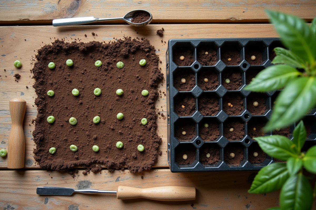 Vue du dessus comparant le semis de haricots en pleine terre et en godets posés côte à côte sur une table de jardin en bois