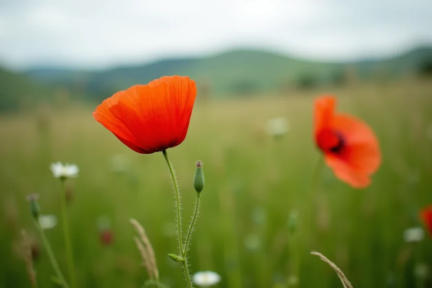 Coquelicot sauvage rouge solitaire dans un champ de prairie verdoyante, symbole de résilience et de force naturelle