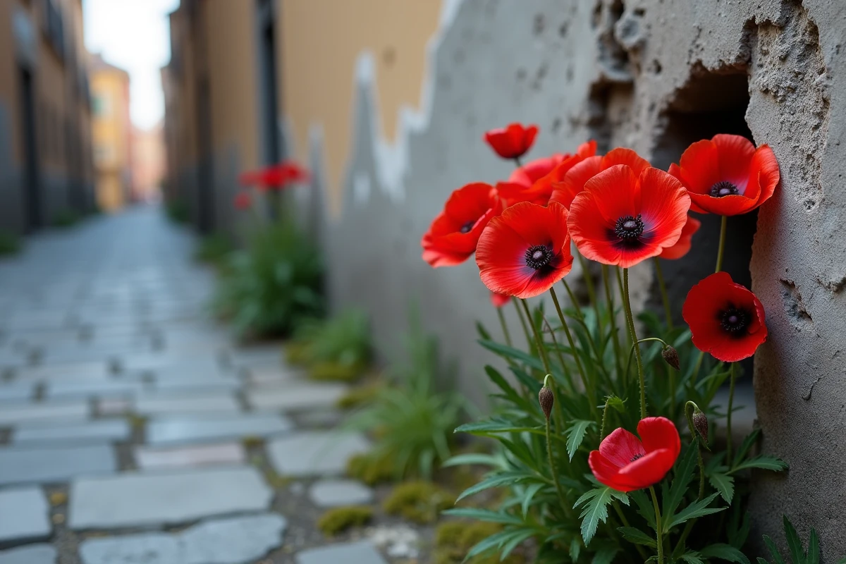 Coquelicots rouges poussant dans les fissures d'un mur en béton urbain, métaphore puissante de la résilience et du renouveau