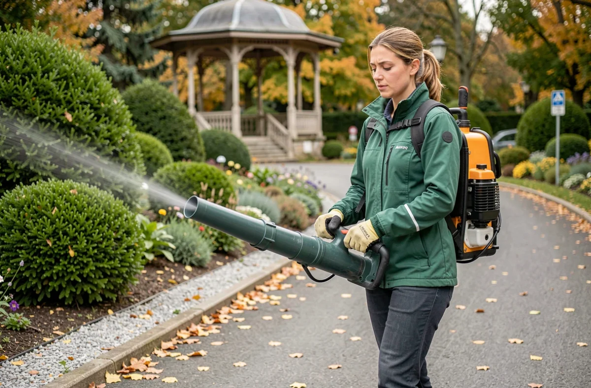 Spécialiste en entretien d'espaces verts de Côté Jardin Paysage soufflant les feuilles dans un parc public à Lons-le-Saunier