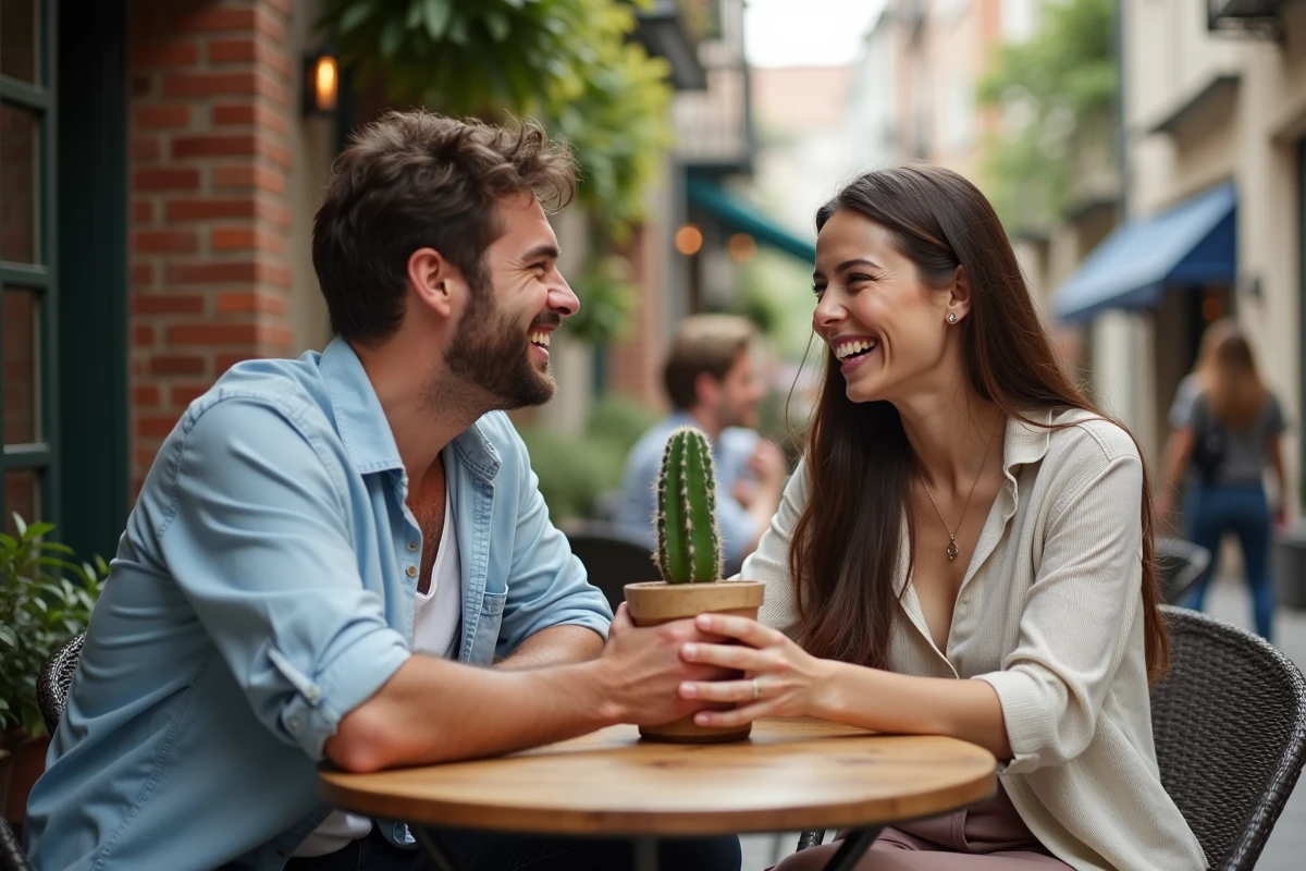 Couple riant ensemble lors de l'échange d'un cactus en cadeau sur une terrasse de café urbain