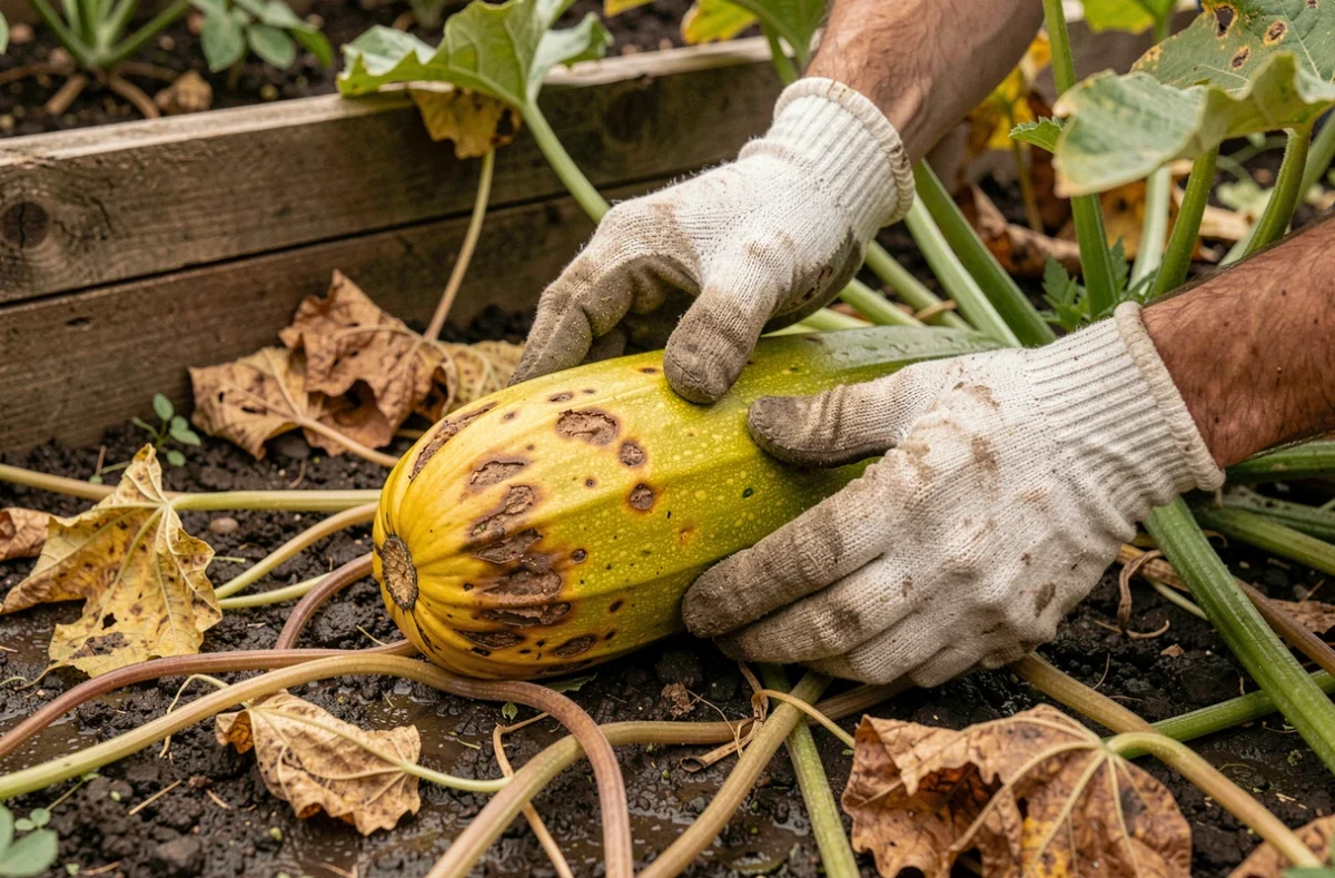 Jardinier inspectant une courgette malade atteinte de pourriture apicale causée par de mauvaises pratiques culturales