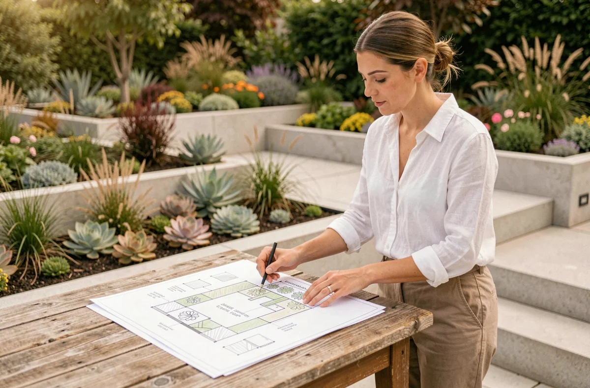 Paysagiste de CREATISON au Doulieu étudiant des plans de jardin devant un aménagement contemporain avec terrasse en béton