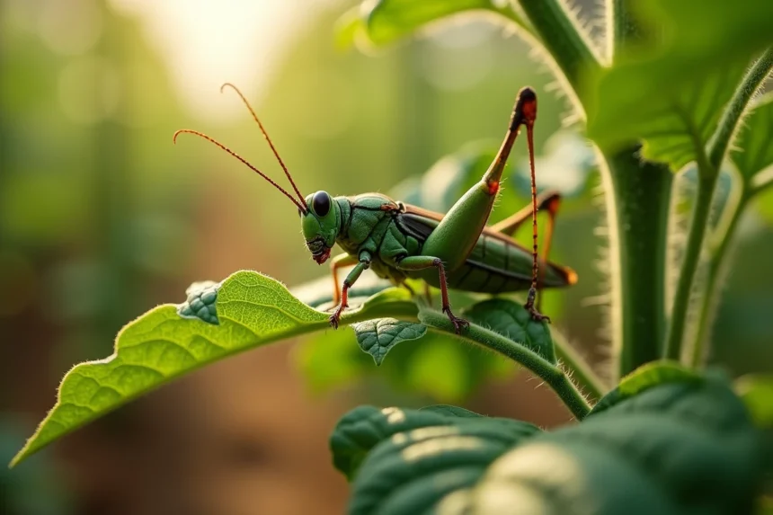 Criquet adulte dévorant une feuille de plant de tomate dans un potager, montrant des dégâts de morsures caractéristiques