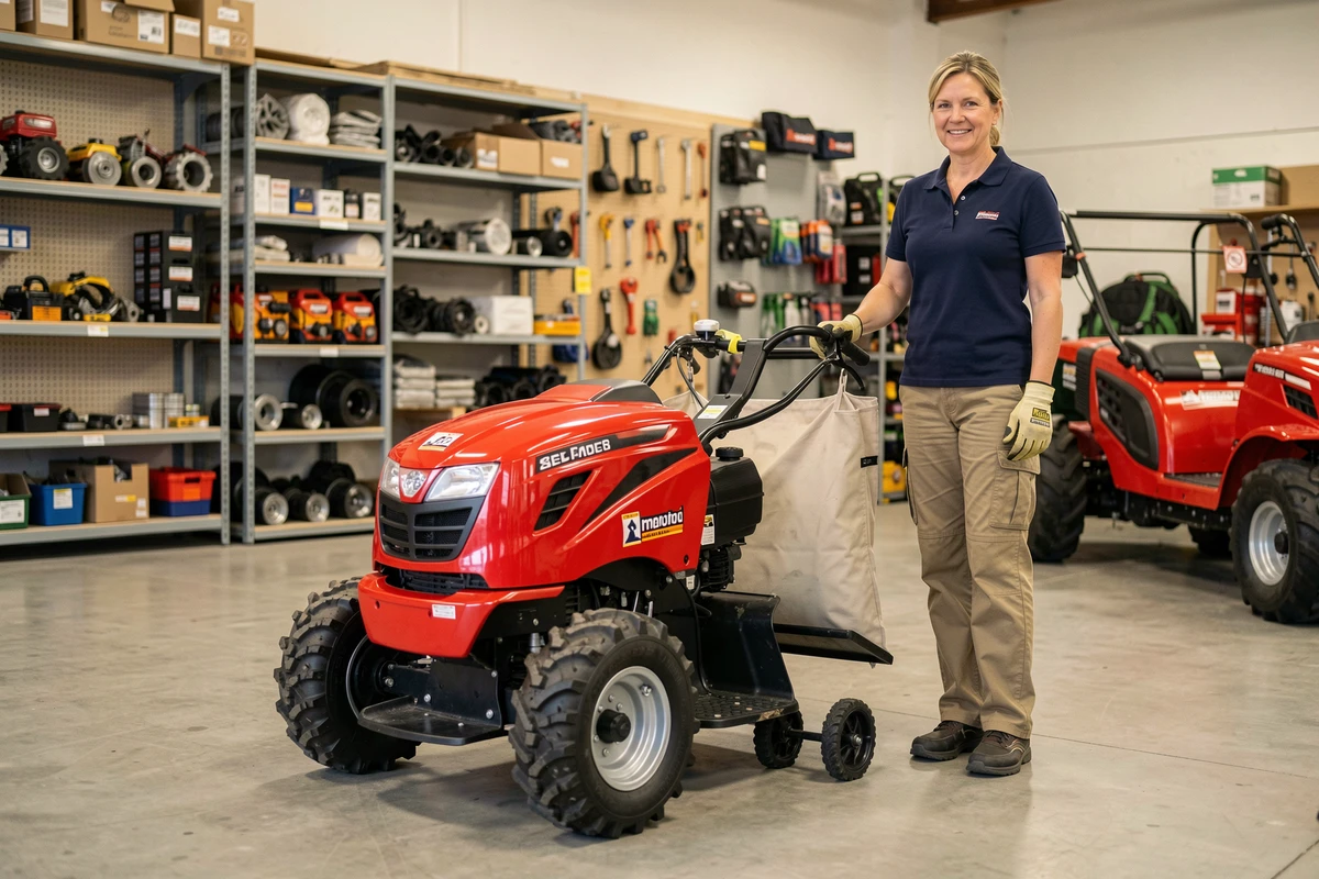 Femme examinant une débroussailleuse autoportée neuve dans un magasin de matériel agricole