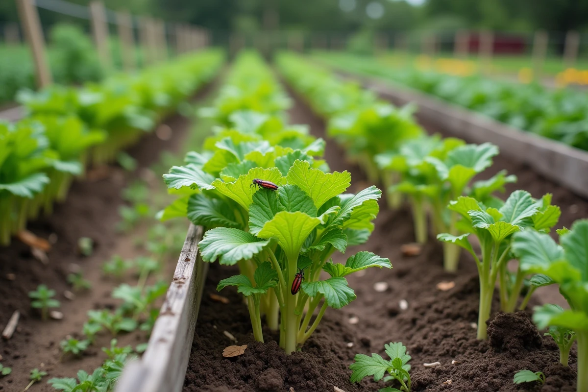 Potager ravagé par des criquets avec plusieurs rangées de légumes comme la laitue et les haricots fortement endommagées