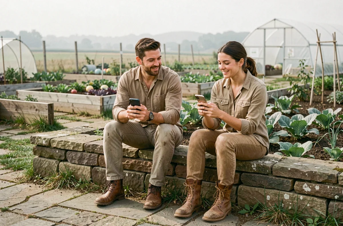 Deux agriculteurs consultant leurs smartphones sur le bord d'un potager, discutant de stratégie de communication sur les réseaux sociaux