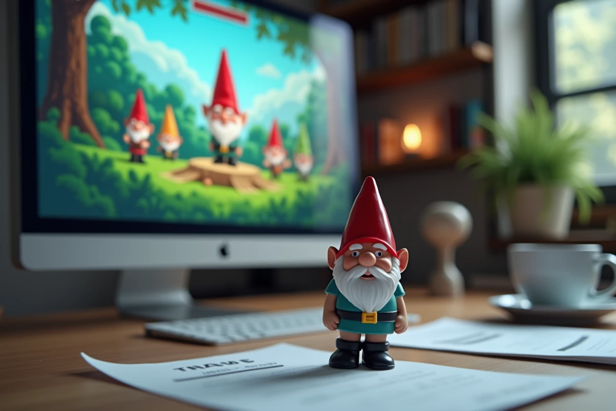 Écran d'ordinateur affichant un jeu de nain de jardin avec une figurine en céramique posée devant le moniteur