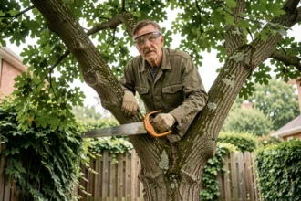 Homme élagant un arbre en hauteur avec une scie manuelle dans un jardin résidentiel