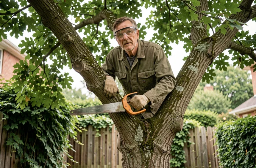 Homme élagant un arbre en hauteur avec une scie manuelle dans un jardin résidentiel