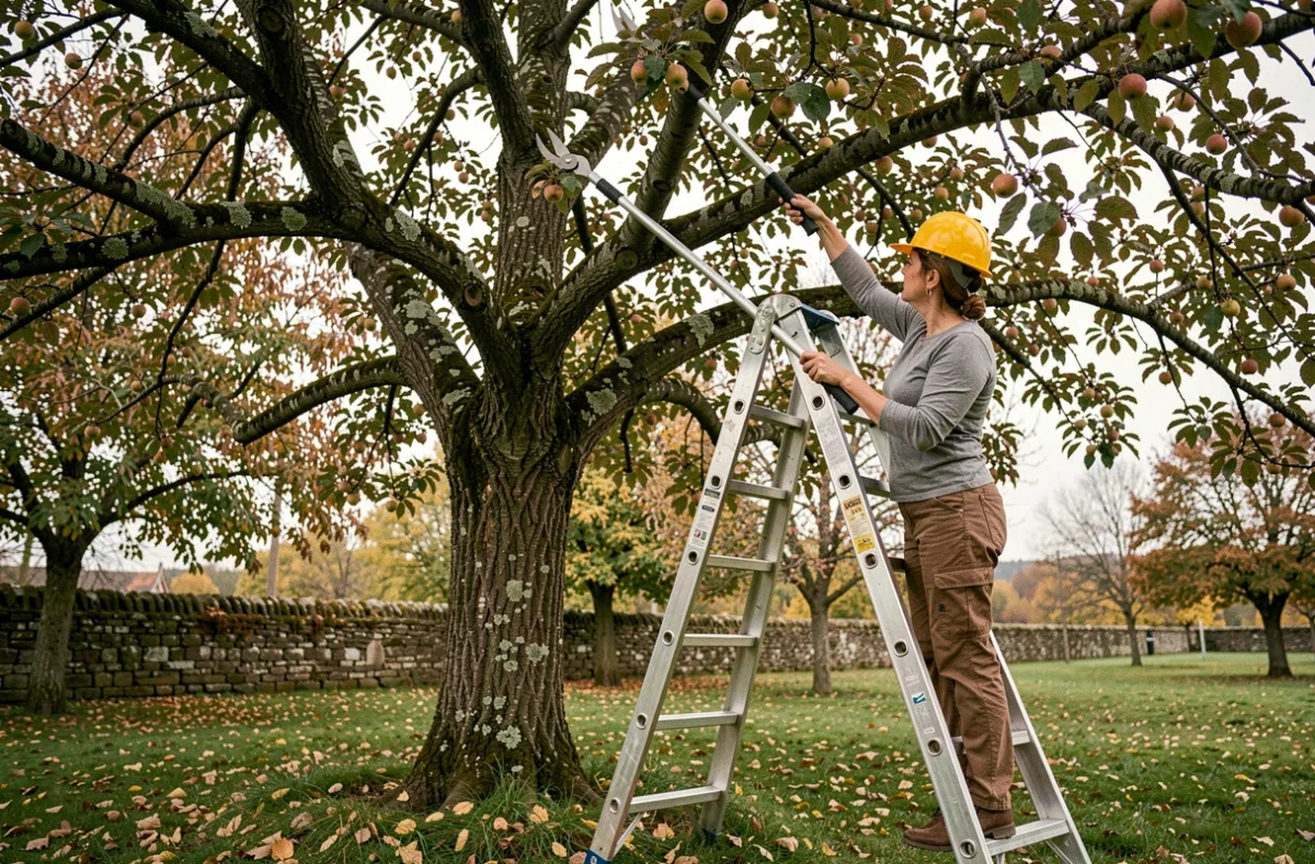 Femme sur une échelle domestique taillant un pommier en verger avec un élagueur long manche