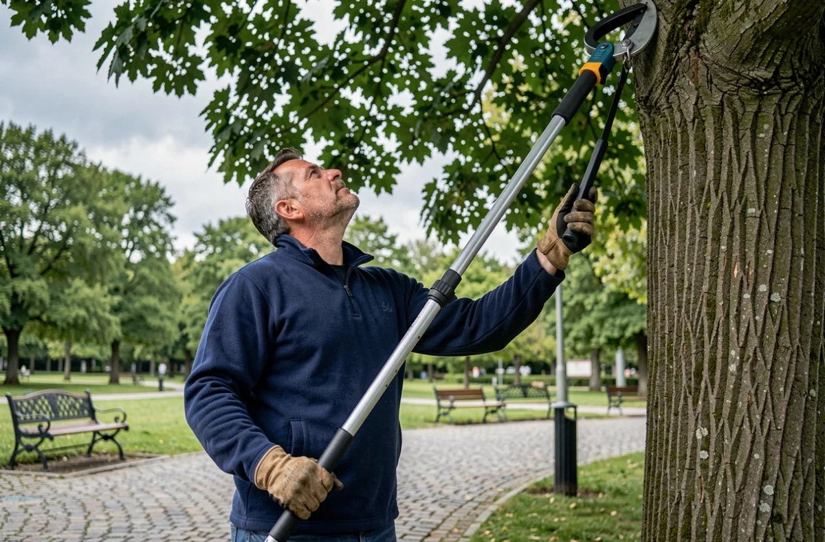 Homme utilisant un élagueur télescopique sur un tilleul dans un parc urbain