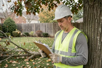 Élagueur professionnel consultant des documents administratifs devant un chêne dans un jardin résidentiel