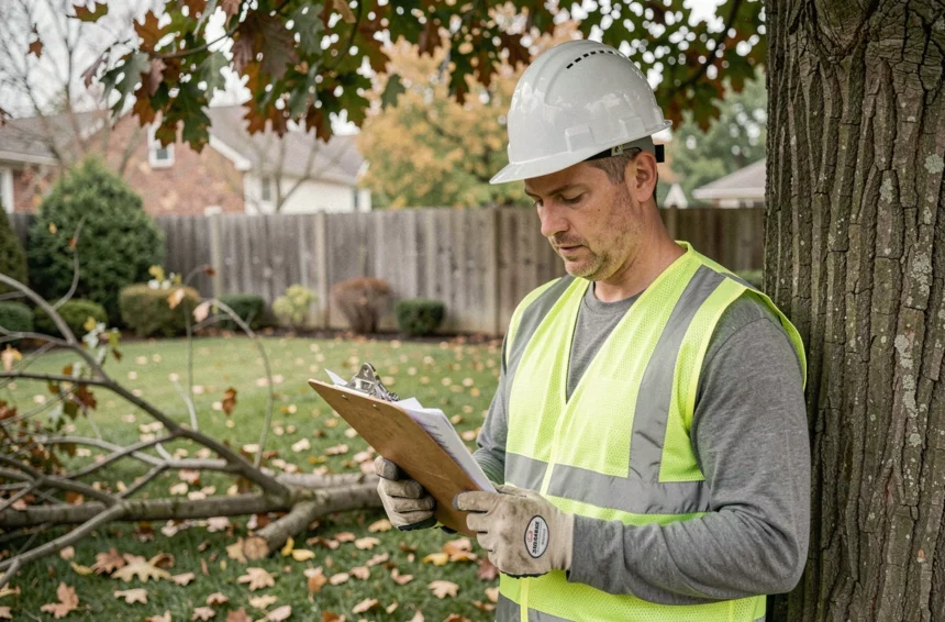 Élagueur professionnel consultant des documents administratifs devant un chêne dans un jardin résidentiel