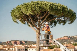 Élagueur professionnel sur nacelle élagant un pin parasol méditerranéen avant la saison de croissance à Fréjus