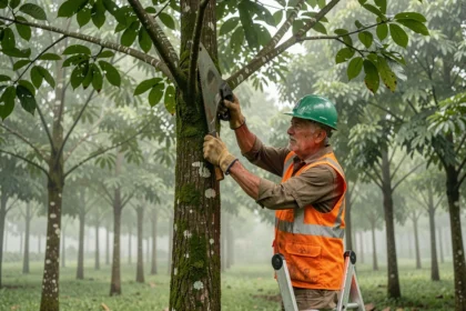 Professionnel de l'élagage travaillant sur un hévéa mature dans une plantation tropicale