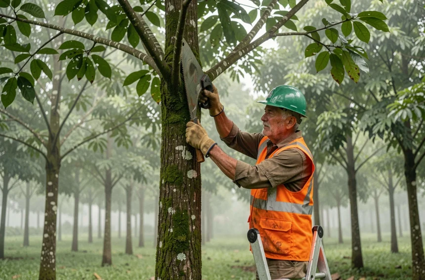Professionnel de l'élagage travaillant sur un hévéa mature dans une plantation tropicale