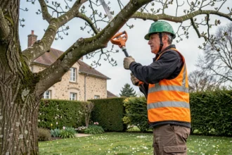Élagueur professionnel en tenue de sécurité élagage d'un chêne dans un jardin résidentiel de Pessac au printemps