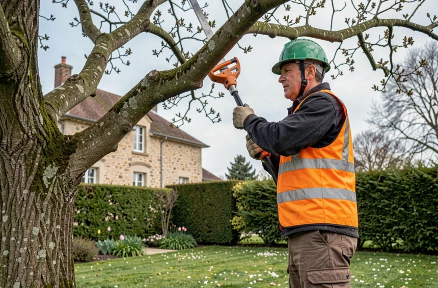 Élagueur professionnel en tenue de sécurité élagage d'un chêne dans un jardin résidentiel de Pessac au printemps
