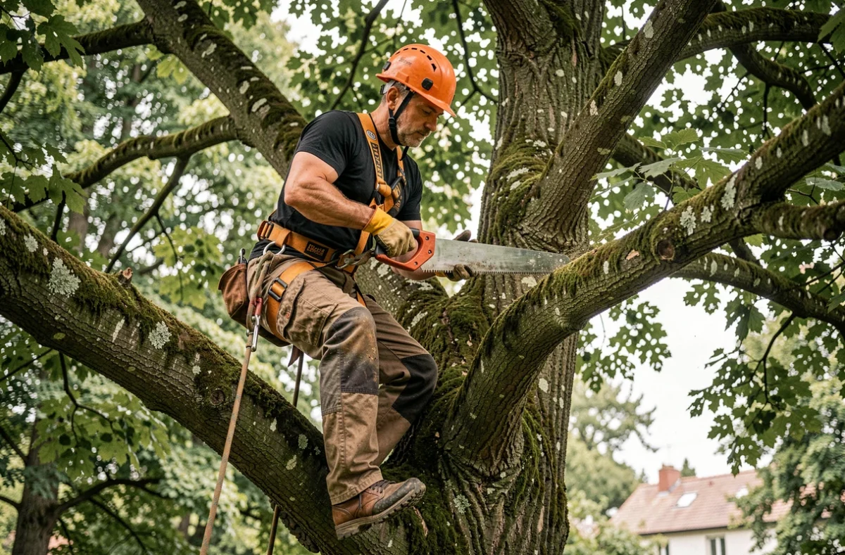 Élagueur professionnel en hauteur effectuant une coupe d'élagage sur un hêtre dans un bois résidentiel