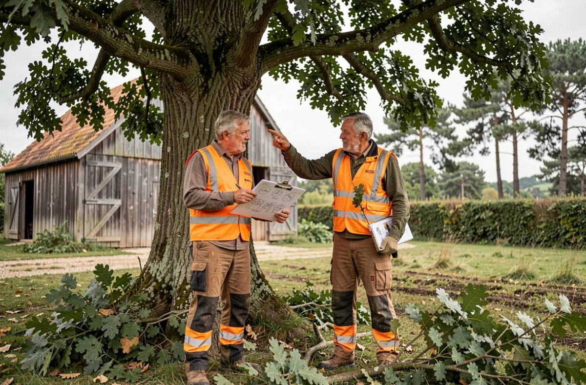 Deux élagueurs forestiers examinant les branches d'un chêne pédonculé dans un airial du Sud-Ouest, portant des équipements de protection orange