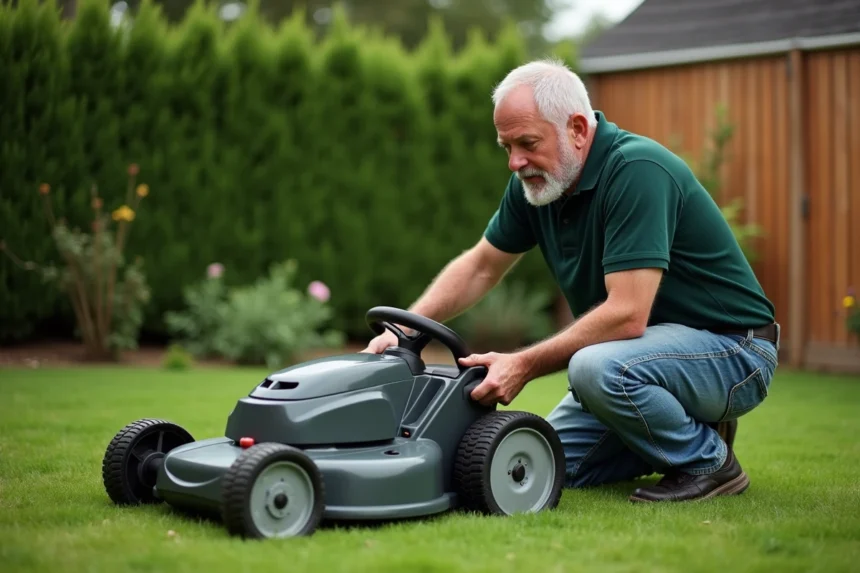 Homme inspectant le mécanisme d'enclenchement de lame d'un tracteur tondeuse électrique dans un jardin résidentiel
