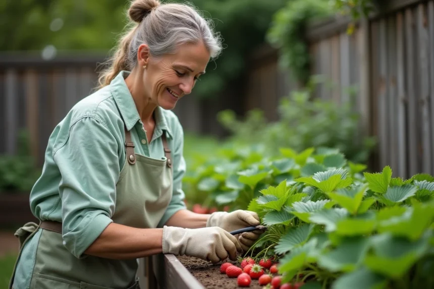 Jardinière taillant les stolons de fraisiers dans un potager surélevé en bois au printemps