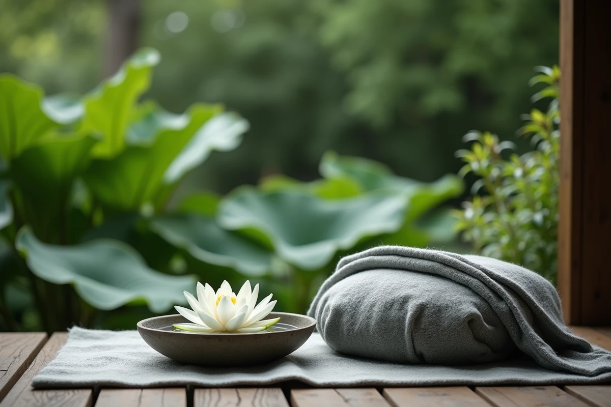 Espace de méditation extérieur avec coussin, plaid et nénuphars blancs flottant dans un bol en céramique