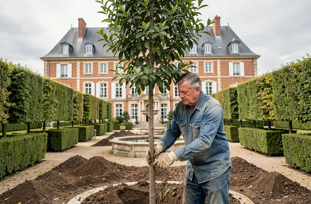 Un paysagiste de l'Établissement David plantant un arbre ornemental dans un grand jardin formel avec architecture en brique du Nord
