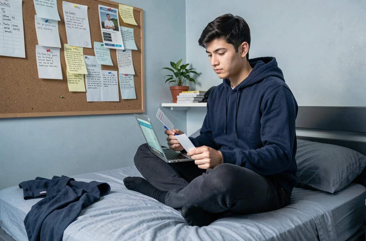 Étudiant révisant avec des fiches et un ordinateur portable dans sa chambre universitaire pour anticiper un quiz
