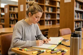 Étudiante universitaire révisant ses notes dans une bibliothèque pour se préparer à un quiz surprise
