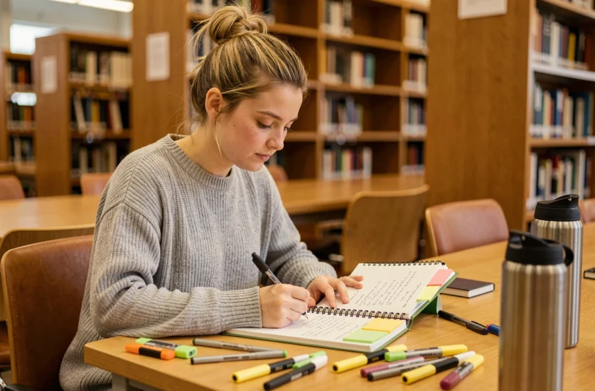 Étudiante universitaire révisant ses notes dans une bibliothèque pour se préparer à un quiz surprise