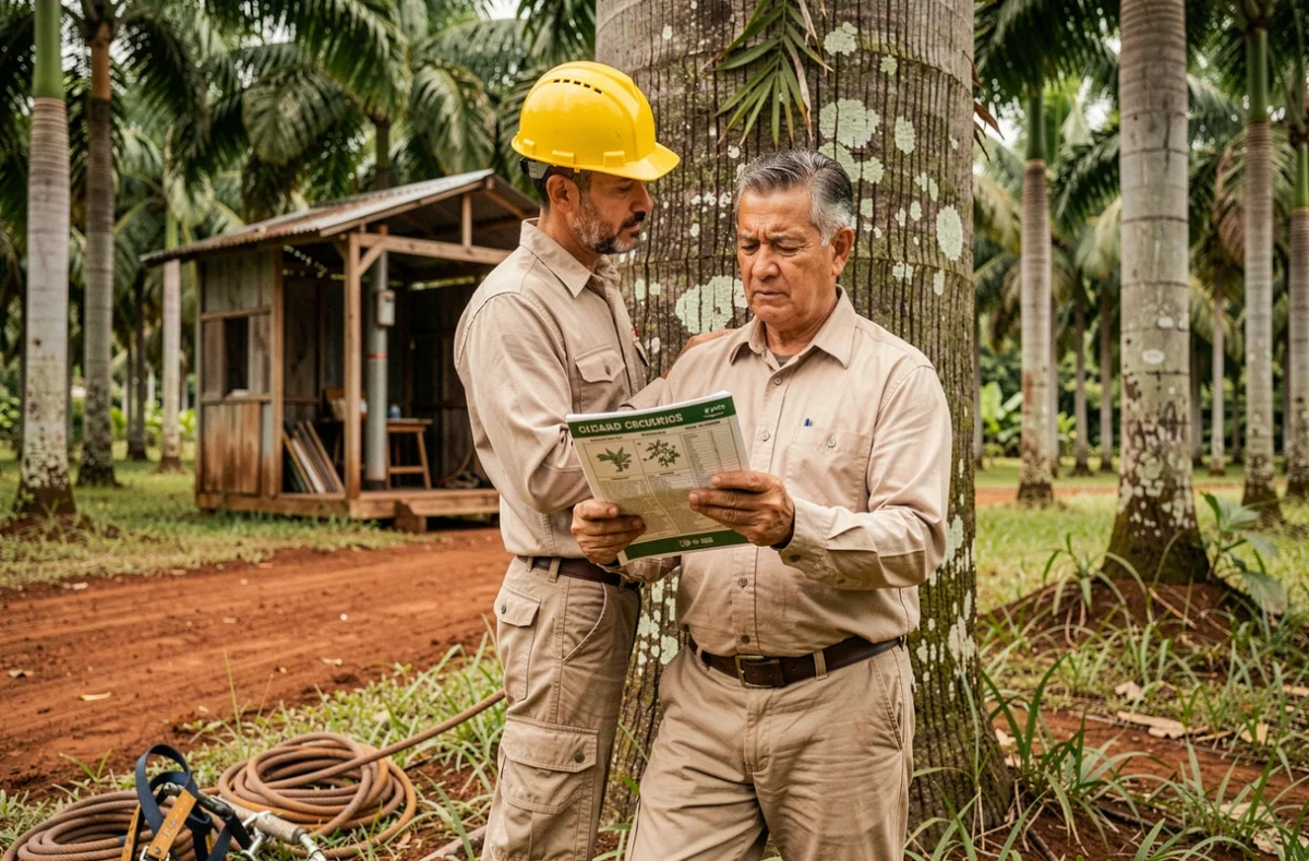 Expert arboriculteur consultant un guide d'élagage au pied d'un grand hévéa en plantation