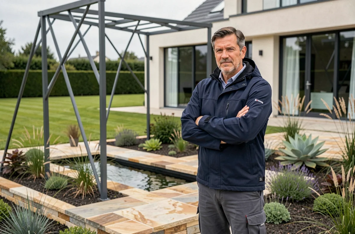Expert Paysage : paysagiste professionnel inspectant une terrasse en pierre naturelle avec pergola métallique dans le Nord