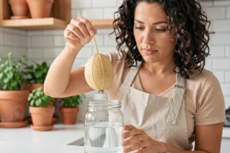 Femme préparant un noyau d'avocat suspendu par des cure-dents au-dessus d'un bocal en verre rempli d'eau pour le faire germer