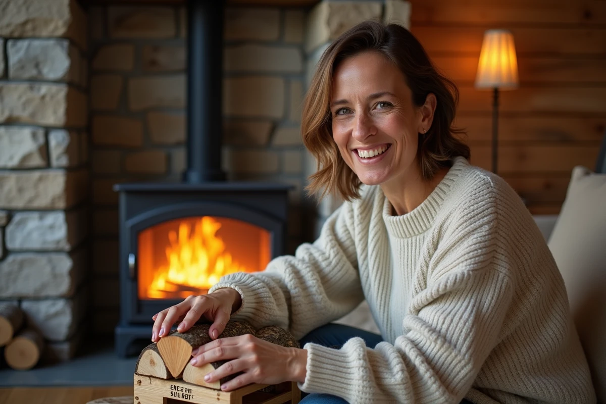 Femme dans son salon ajoutant du bois certifié dans le foyer