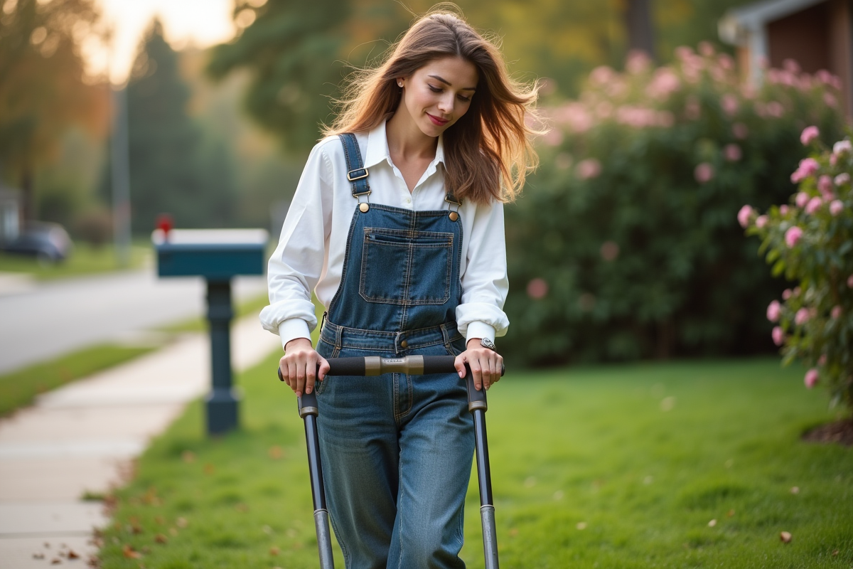 Jeune femme utilisant un aérateur manuel dans la pelouse