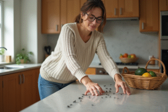 Femme appliquant une barrière anti-fourmis sur le comptoir