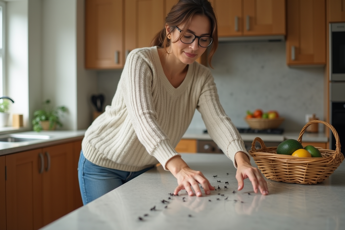 Femme appliquant une barrière anti-fourmis sur le comptoir
