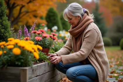 Femme en pull arrangeant des fleurs d automne dans le jardin