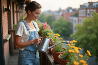 Femme d'âge moyen arrosant ses plantes sur un balcon urbain