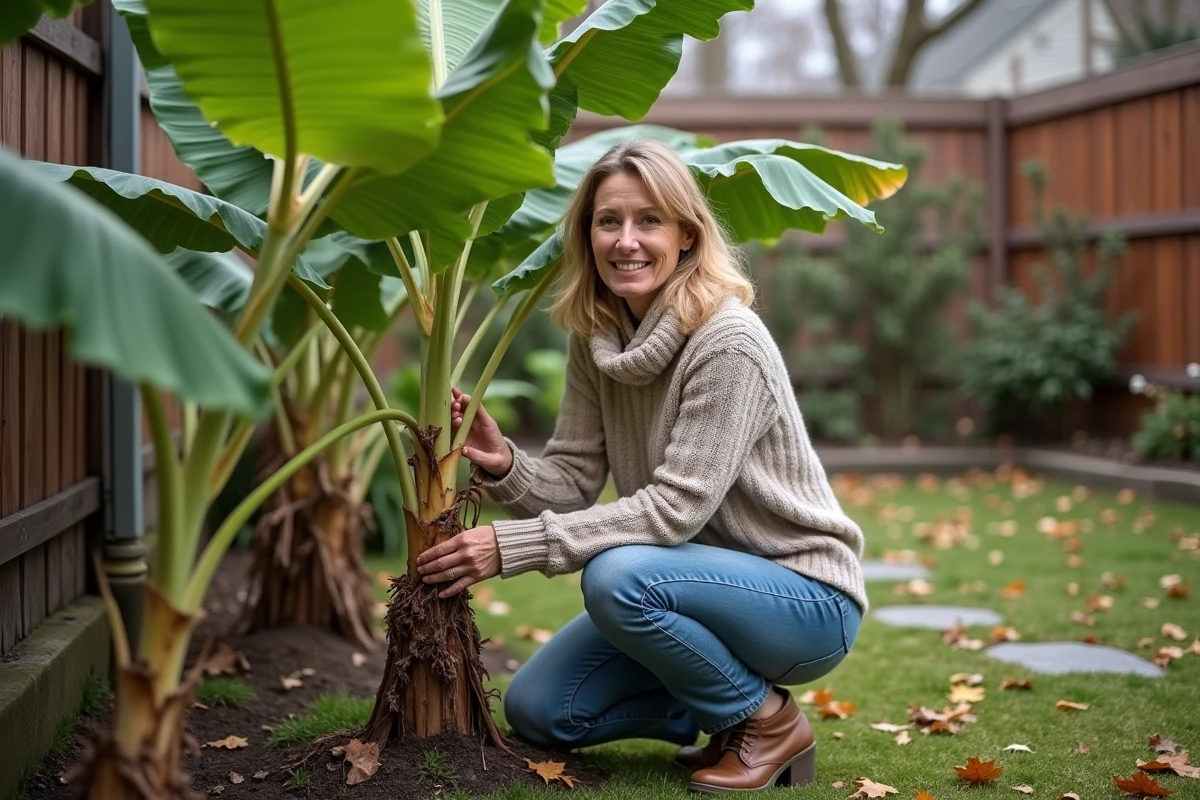 Femme inspectant un bananier dans un jardin automnal
