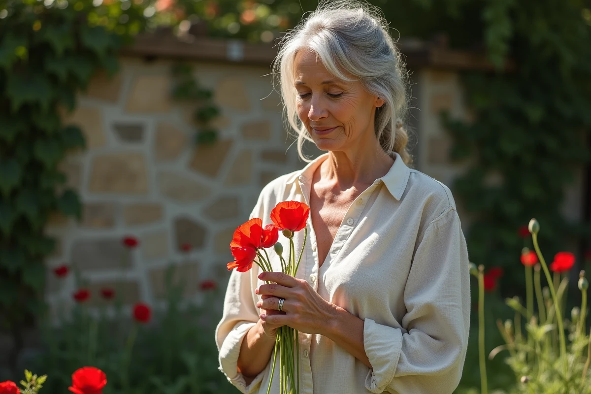 Femme tenant un bouquet de coquelicots rouges devant un mur en pierre, expression apaisée symbolisant la résilience face aux épreuves