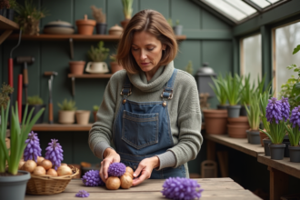 Femme manipulant des bulbes de hyacinth dans une serre chaleureuse