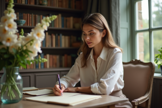 Femme élégante écrivant une lettre avec des fleurs de digitale